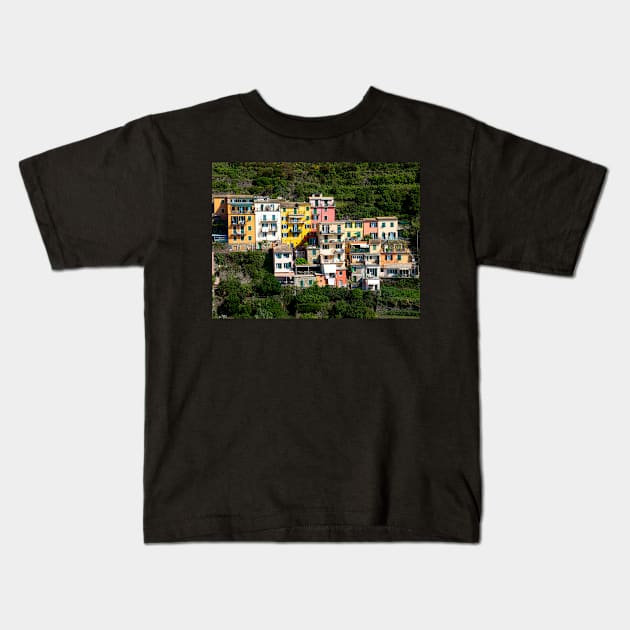 View on the cliff town of Manarola, one of the colorful Cinque Terre on the Italian west coast Kids T-Shirt by Dolfilms